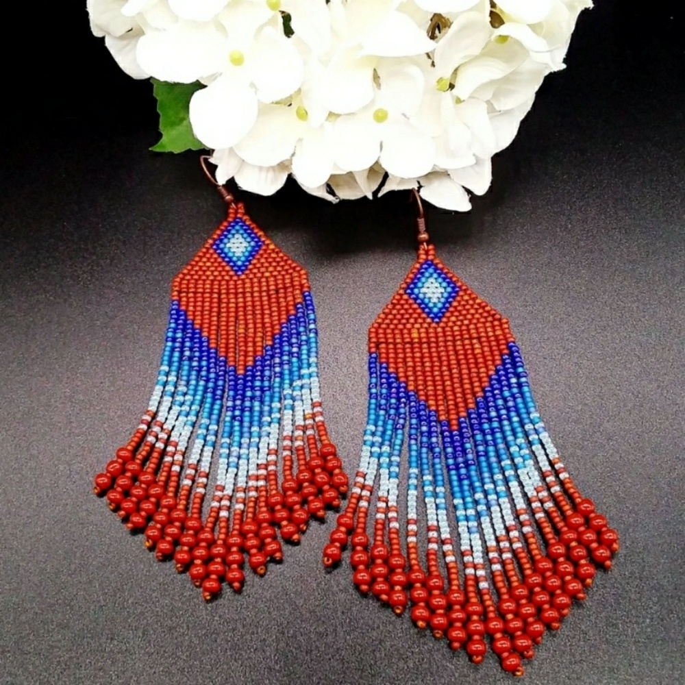 Brown with Blue Gradient Beaded Fringe Earrings